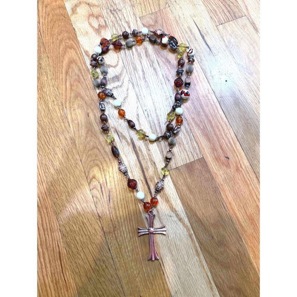 Boho Double Strand Beaded Necklace Copper Flared Cross Amber Cream Earth Tones - Picture 3 of 12